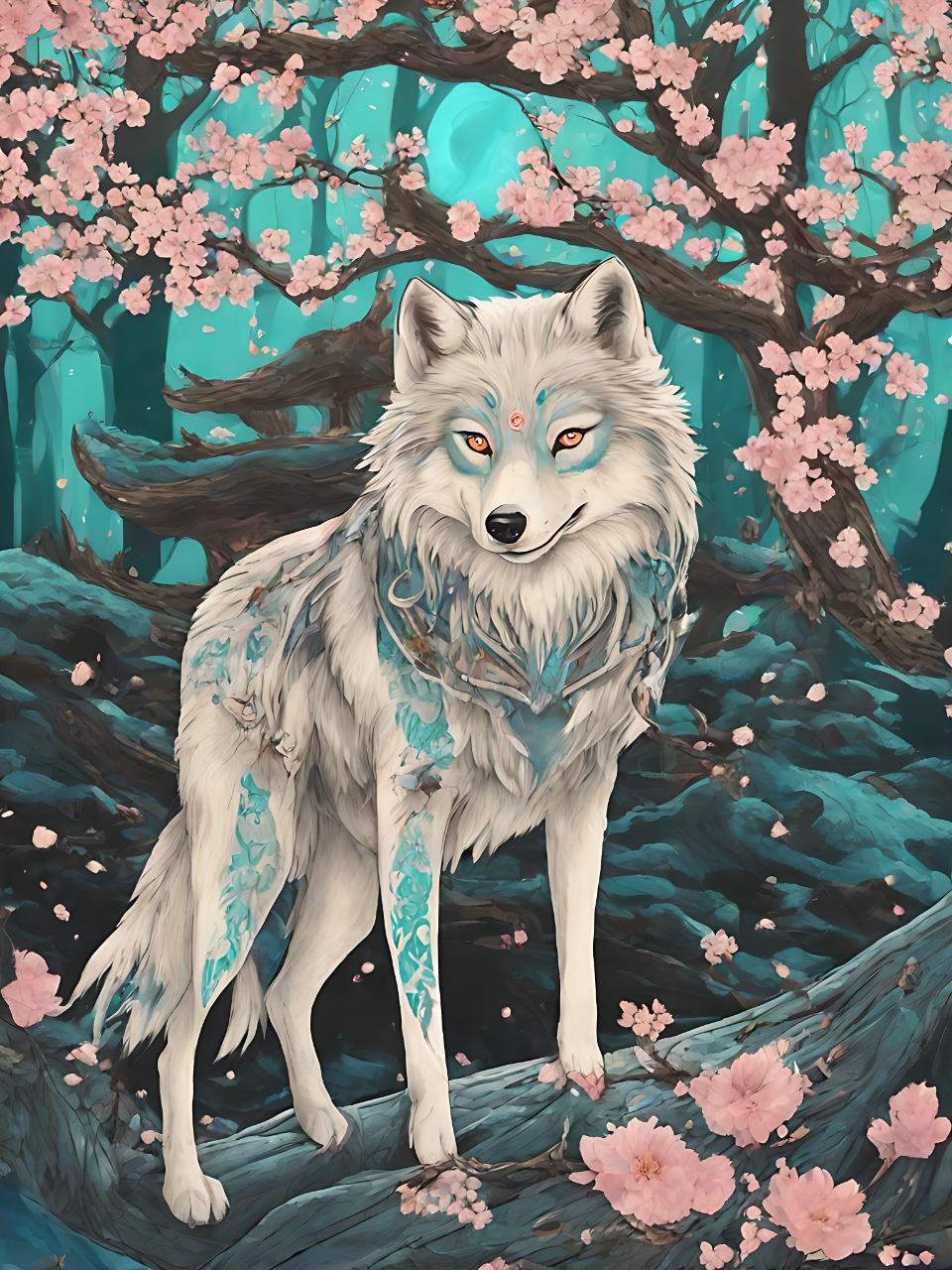 樱花盛开的季节里,一只可爱的小白狼在森林中奔跑