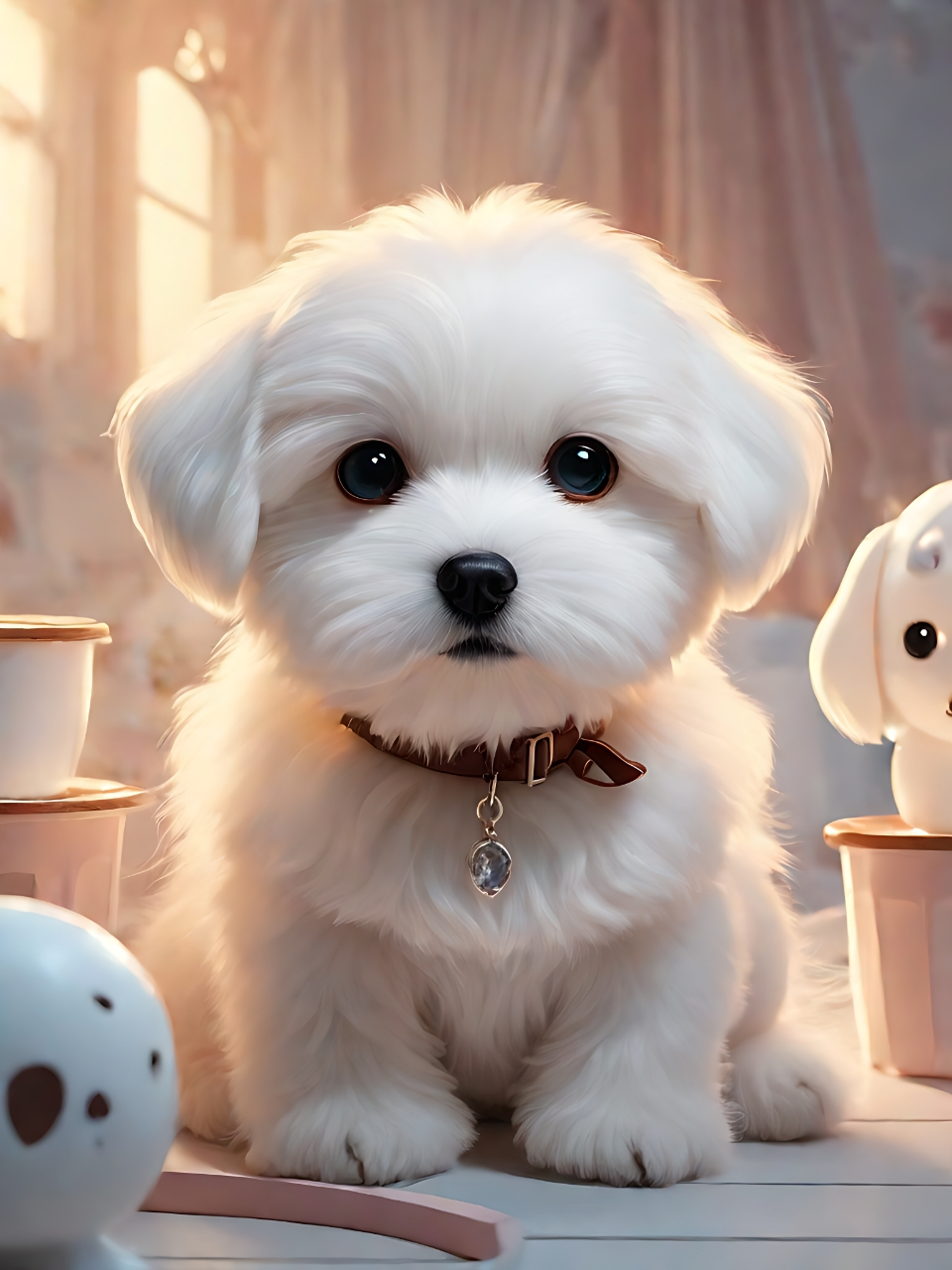 "98 瞧这温馨的画面,一张白色毛绒玩具狗,旁边还有两个小玩具狗和一