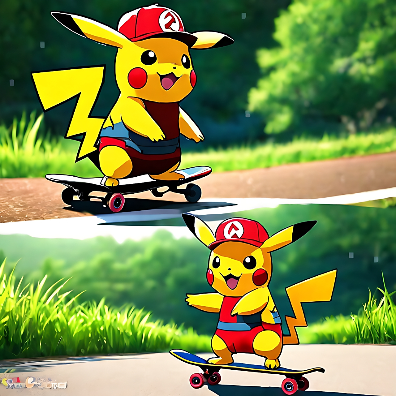 哇塞,这只皮卡丘太酷啦!它穿着红衬衫在滑板上滑来滑去的,好可爱哦!