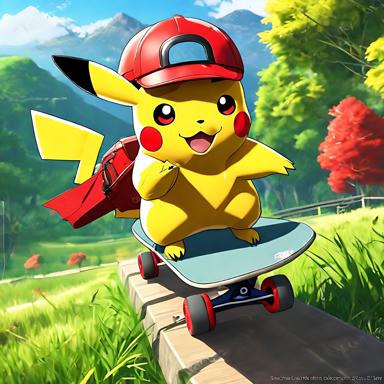 哇塞,这只皮卡丘太酷啦!它穿着红衬衫在滑板上滑来滑去的,好可爱哦!
