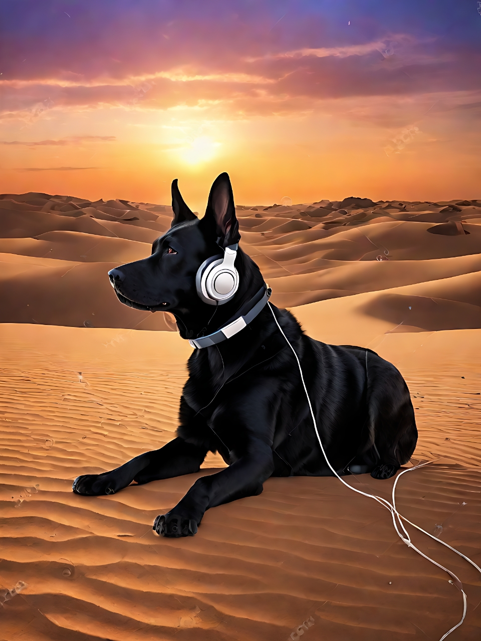 在夕阳下的沙漠,一只德国牧羊犬戴着耳机,沉浸在自己的世界里.