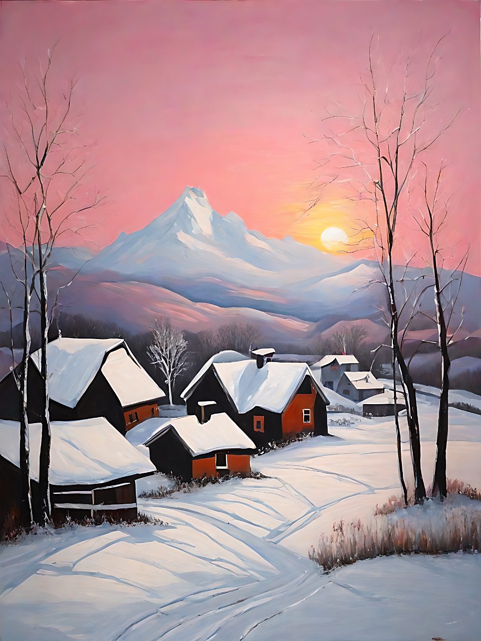 白雪覆盖的房屋和树木,宛如画中的风景.