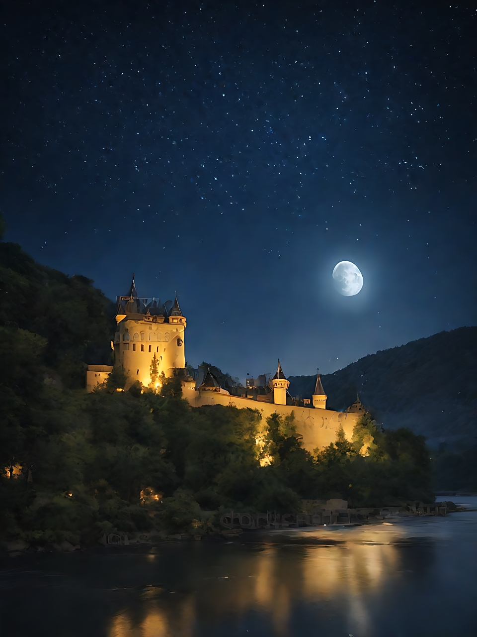 夜晚的城堡,高悬于天空的月亮,更是为这座古老的城堡增添了一份神秘与