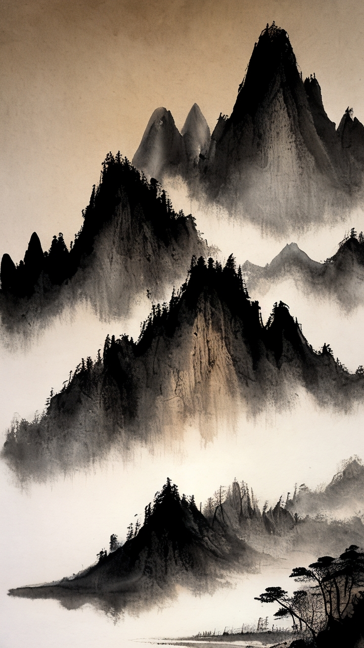 山峰笔墨勾勒,雄浑壮丽;树木则用笔墨点上黑色的点,简练生动.