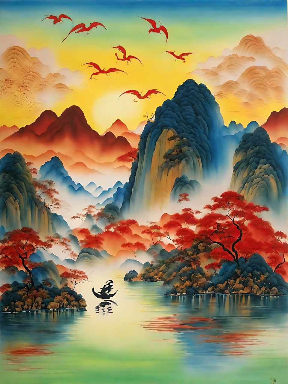 在这幅中国风的画中,山河景色如诗如画,令人陶醉.