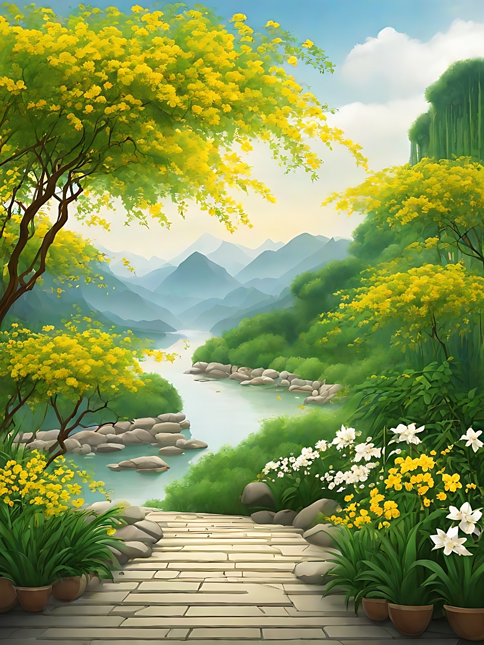 一幅超级美丽的风景画,河流看起来好清澈,好像可以看见鱼儿在里面游来