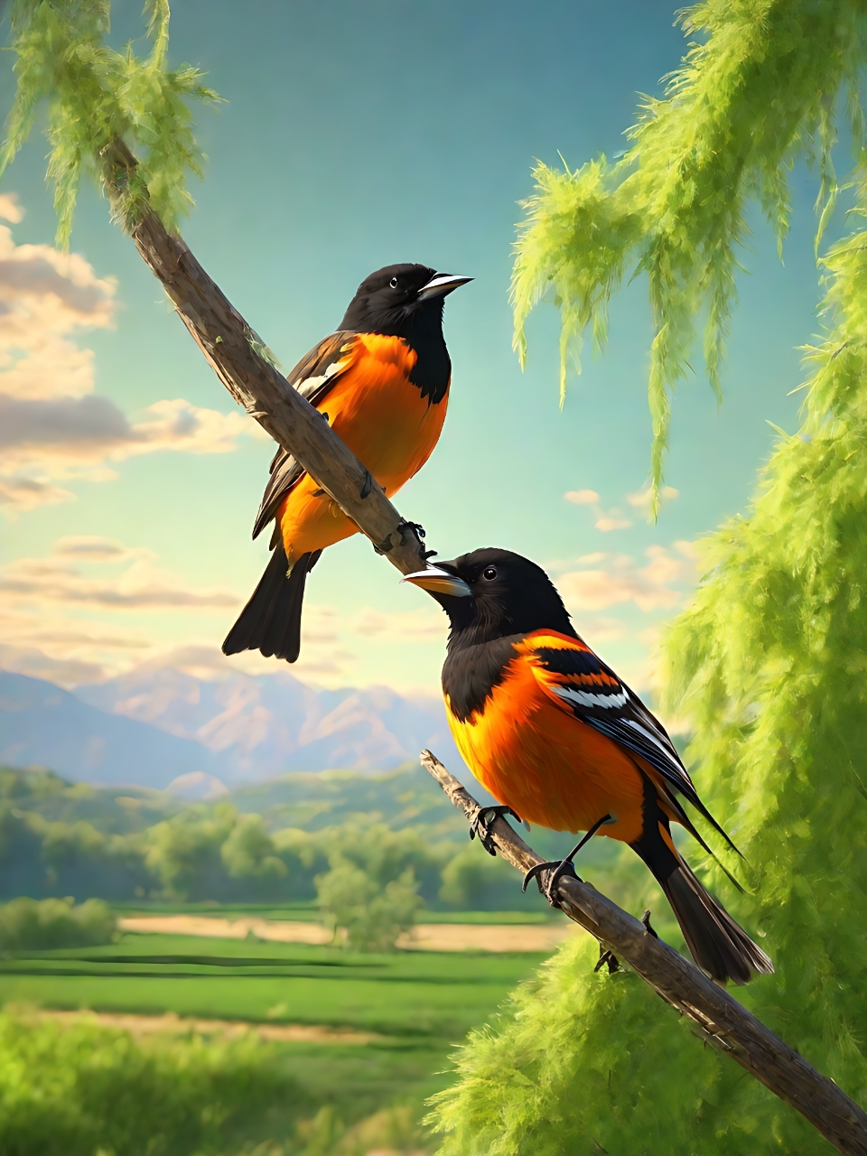 两只鸟儿在树枝上叽叽喳喳,一只小鸟依偎在另一只大鸟的羽毛中