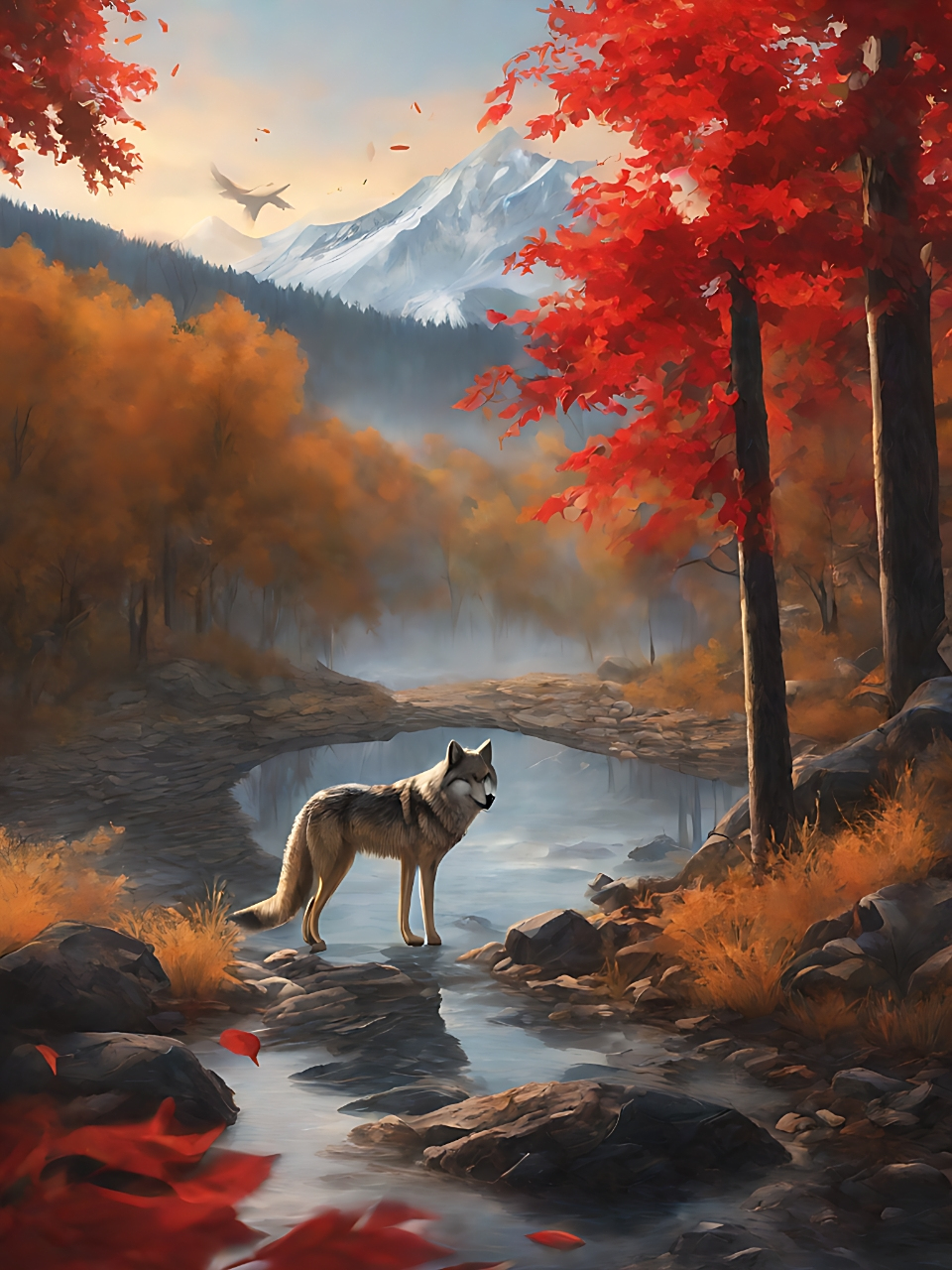 秋意浓,狼行于森林深处,瀑布声声入耳