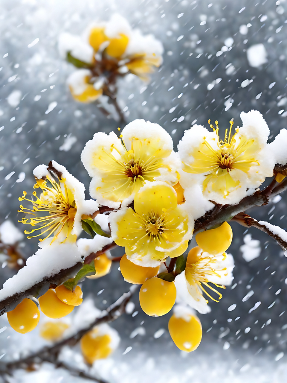 黄色的梅花与洁白的雪花相映成趣,仿佛是大自然最纯真的调色板