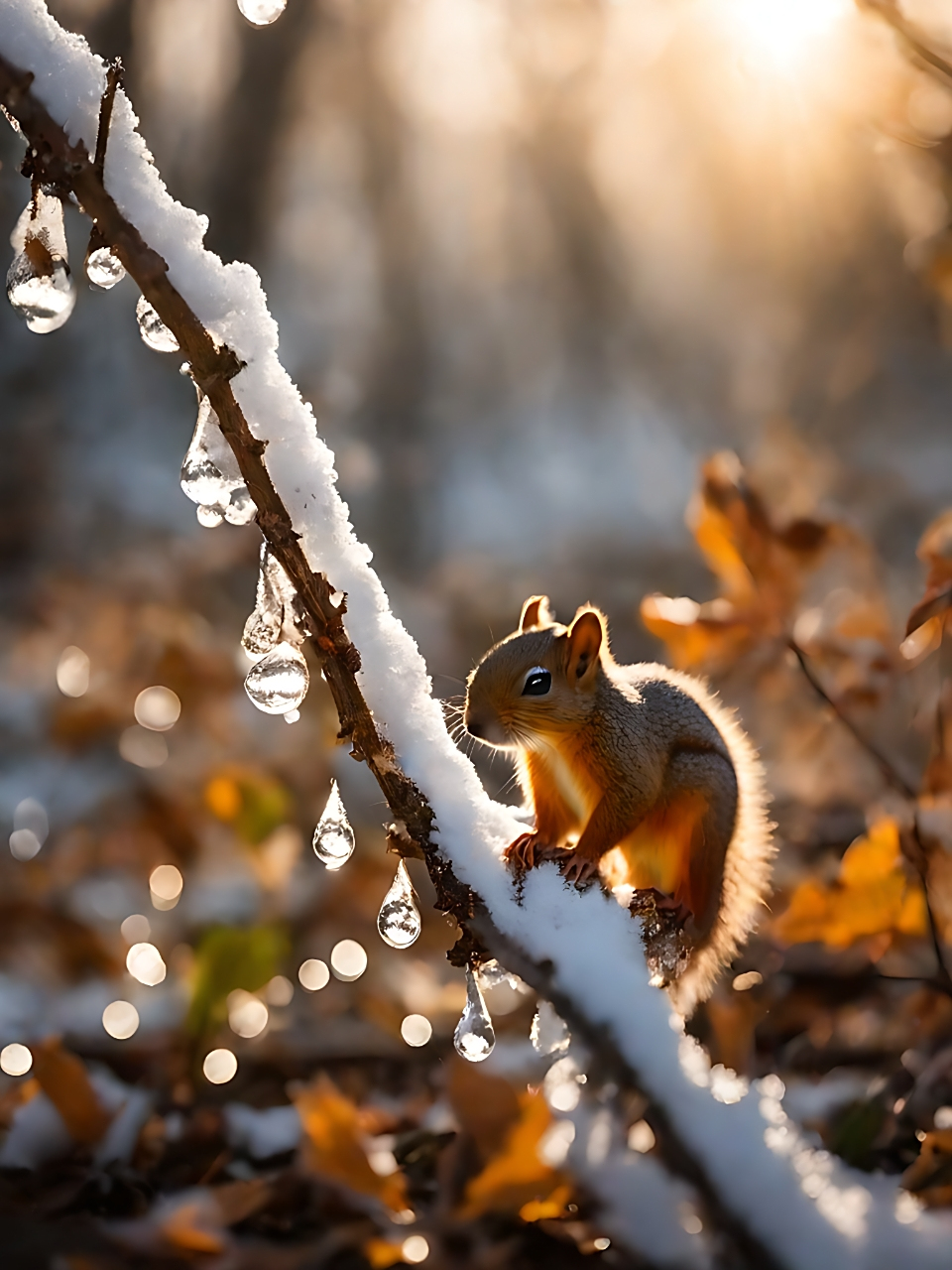 这只松鼠在白雪皑皑的树枝上享受着它的美食,它的毛色与雪景相互映衬