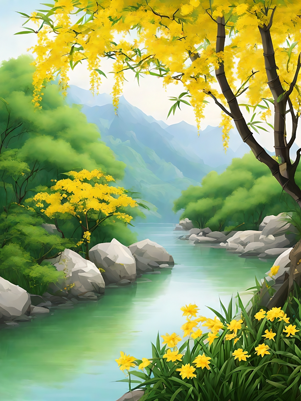 黄色金链花和白色石头点缀其中,让整个画面更加生动和有趣.