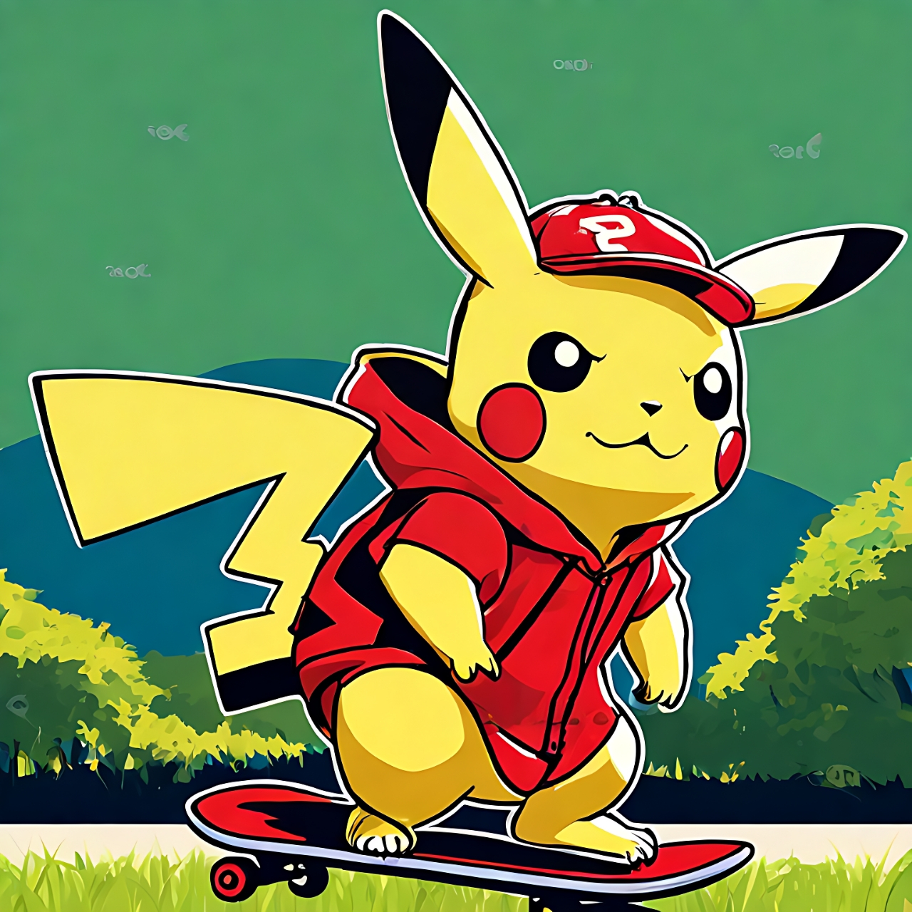 哇塞,这只皮卡丘太酷啦!它穿着红衬衫在滑板上滑来滑去的,好可爱哦!