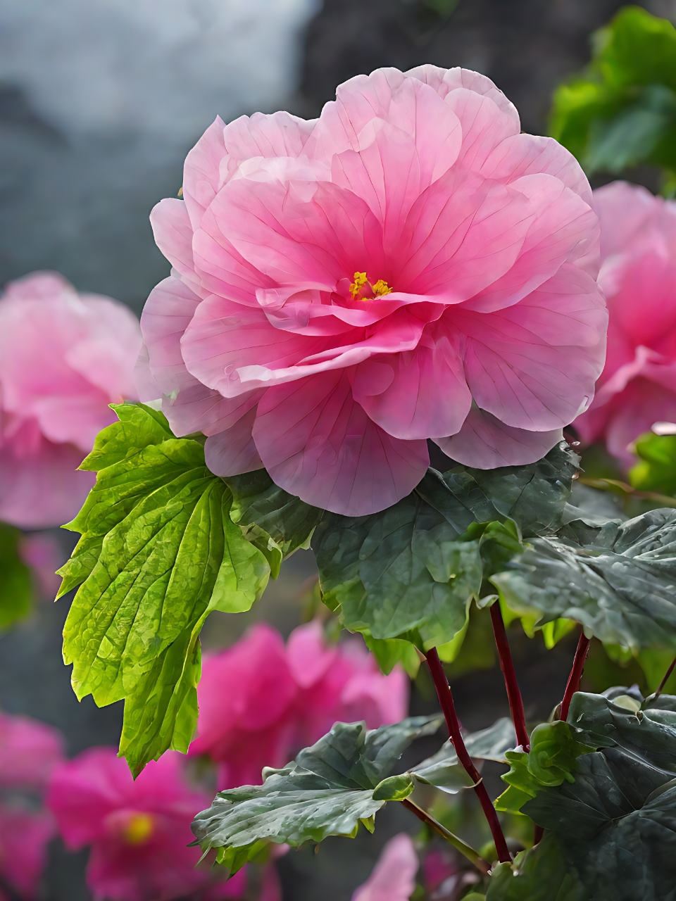 在石墙与山脉的怀抱中,一朵粉色的花静静绽放.