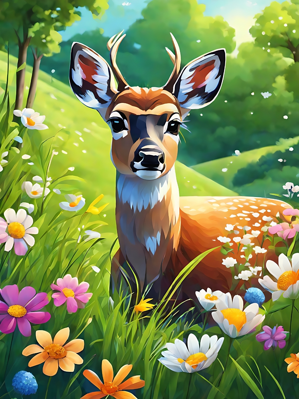 在繁花似锦的草地,一只小鹿静静地站立