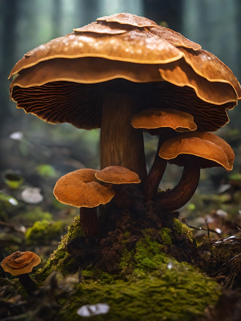 阳光透过树叶洒在蘑菇上,显得格外耀眼.在这片神秘的森林里,蘑菇诉说