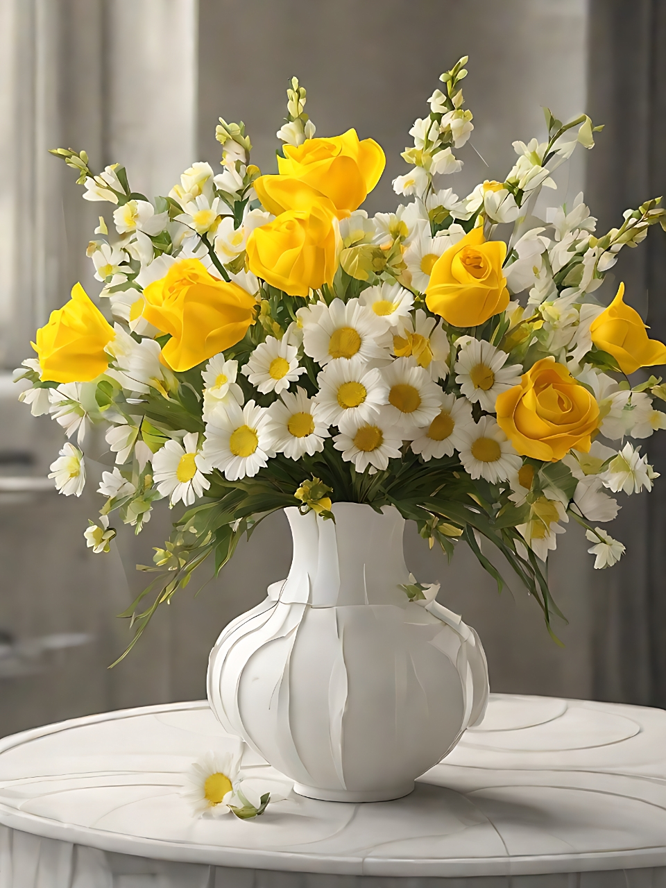 木桌上,白色花瓶中黄色与白色的花朵相互交织,静静地绽放.
