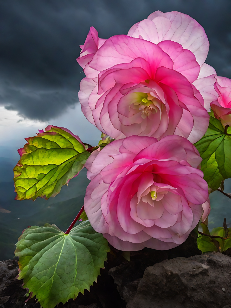 在石墙与山脉的怀抱中,一朵粉色的花静静绽放.