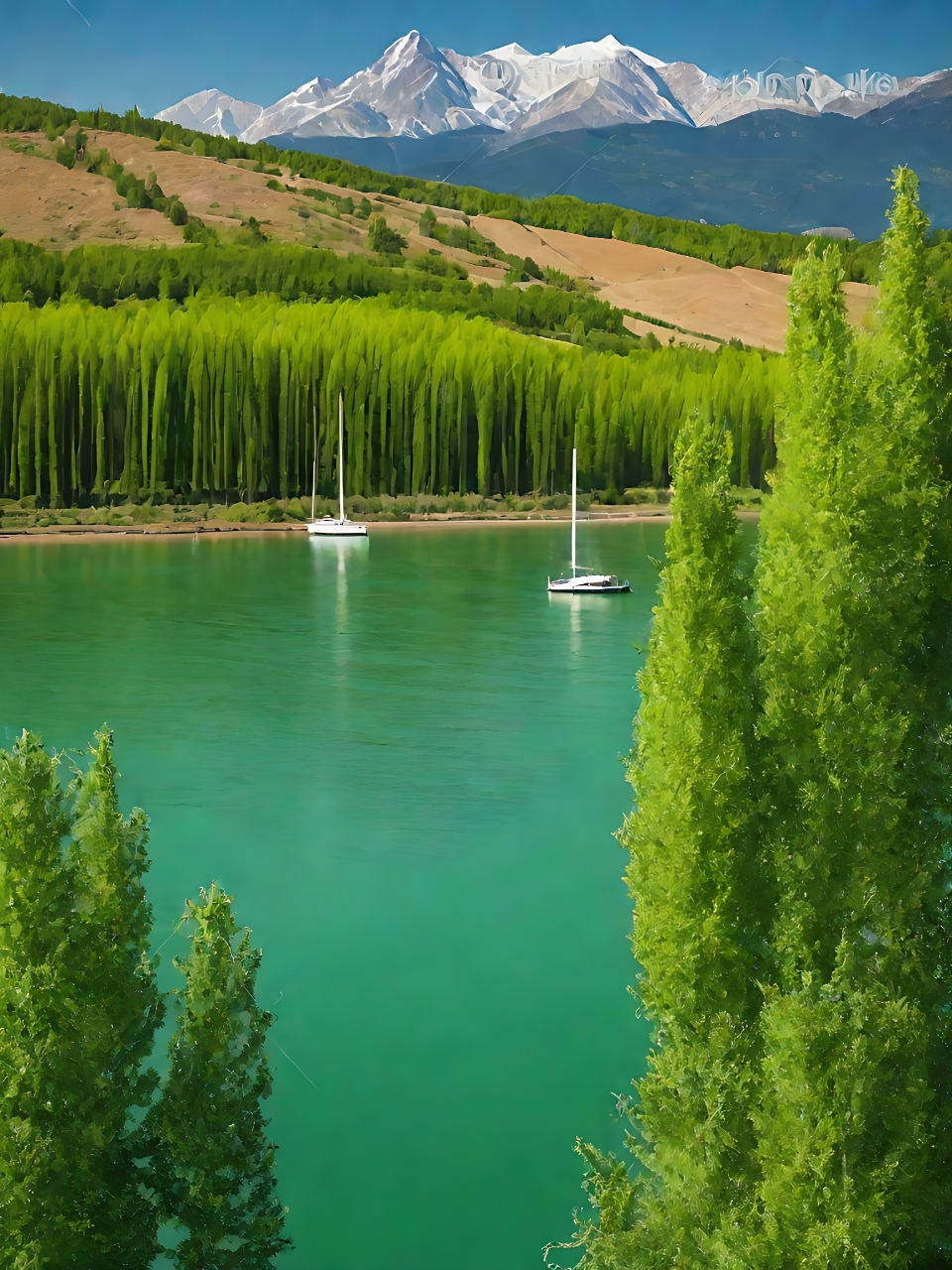 墨绿的湖水与周围的绿树相映成趣,仿佛是大自然的调色盘.