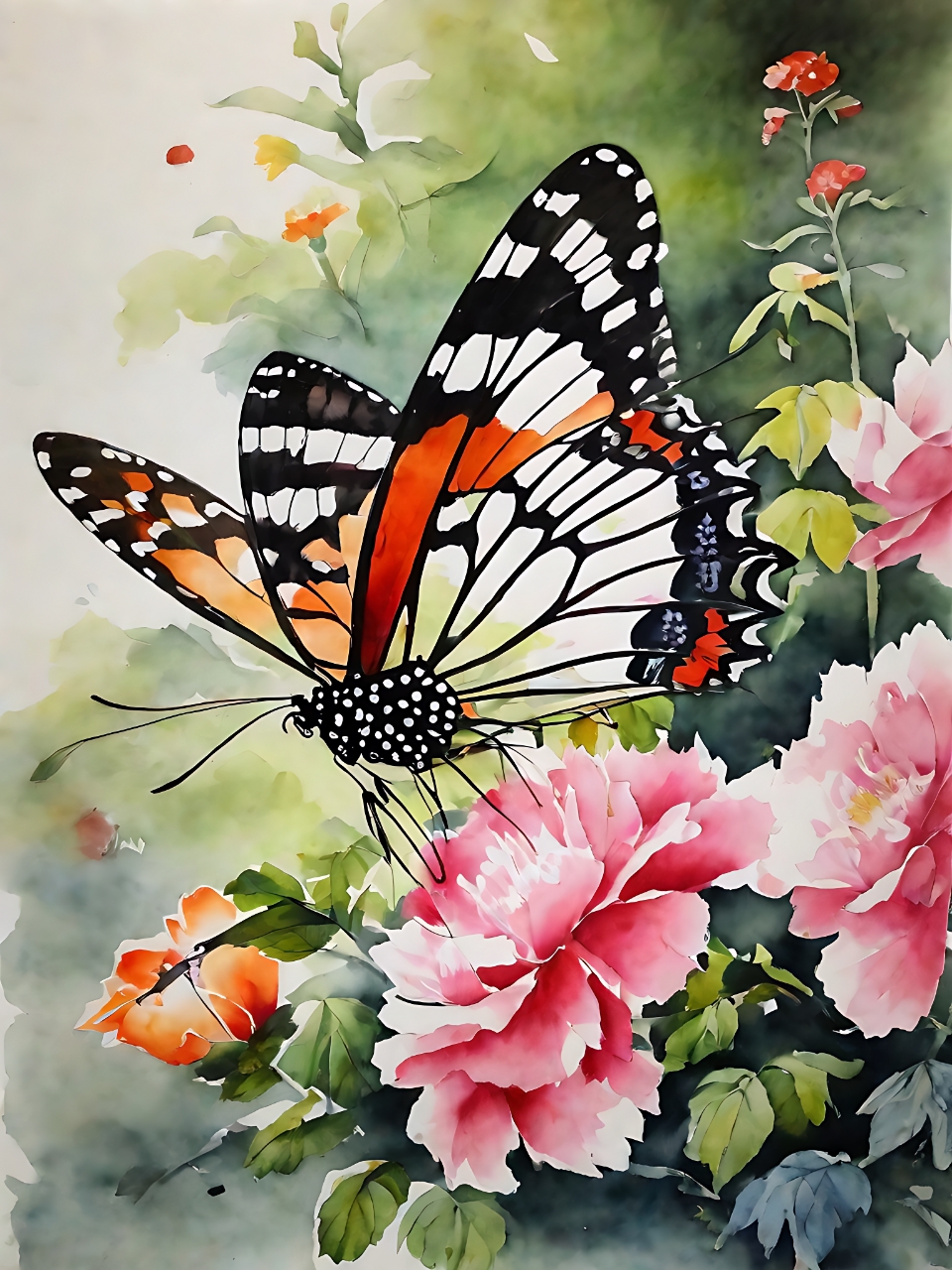 在花丛中翩翩起舞的蝴蝶,黑橙条纹的翅膀带着大白点的图案,它自由自在