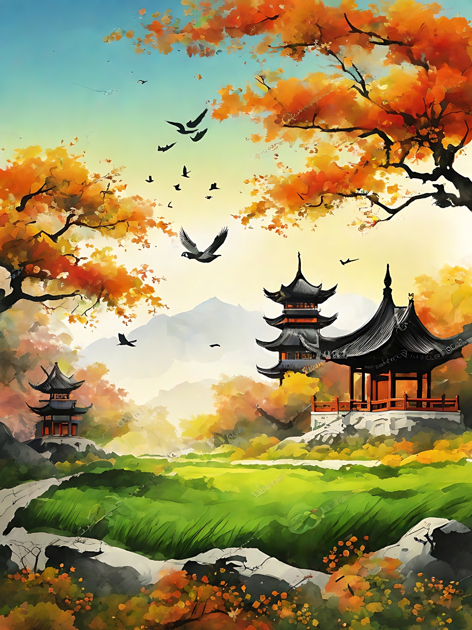 在这幅中国风的画中,亭台楼阁与山鸟飞影相映成趣,棕绿蓝交织成一曲大