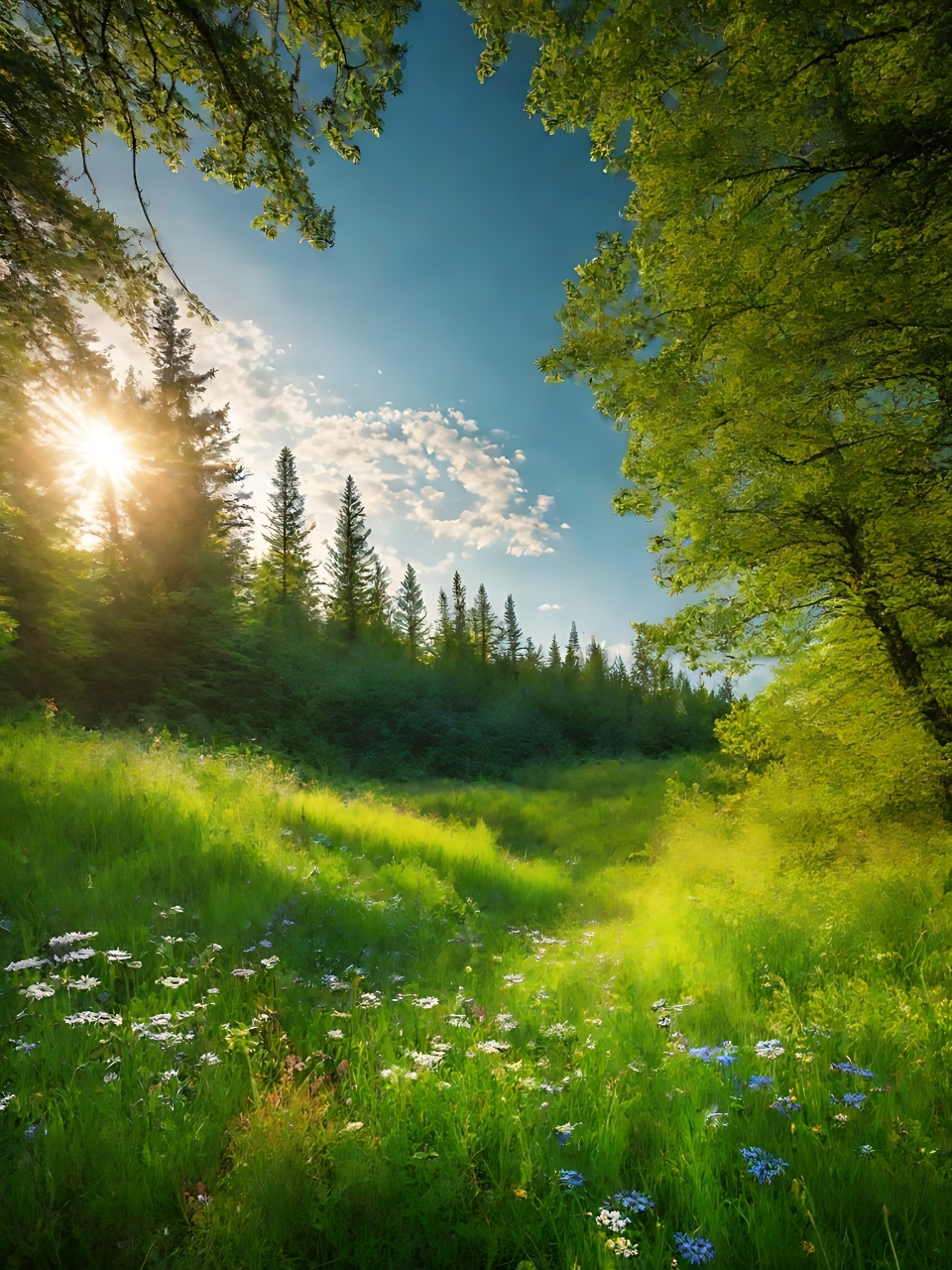 阳光透过树林,斑驳陆离地洒在草地上,闪闪发光.