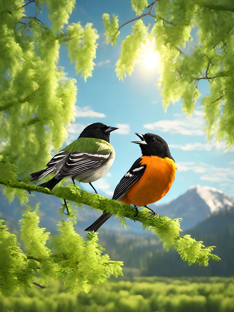 两只鸟儿在树枝上叽叽喳喳,一只小鸟依偎在另一只大鸟的羽毛中