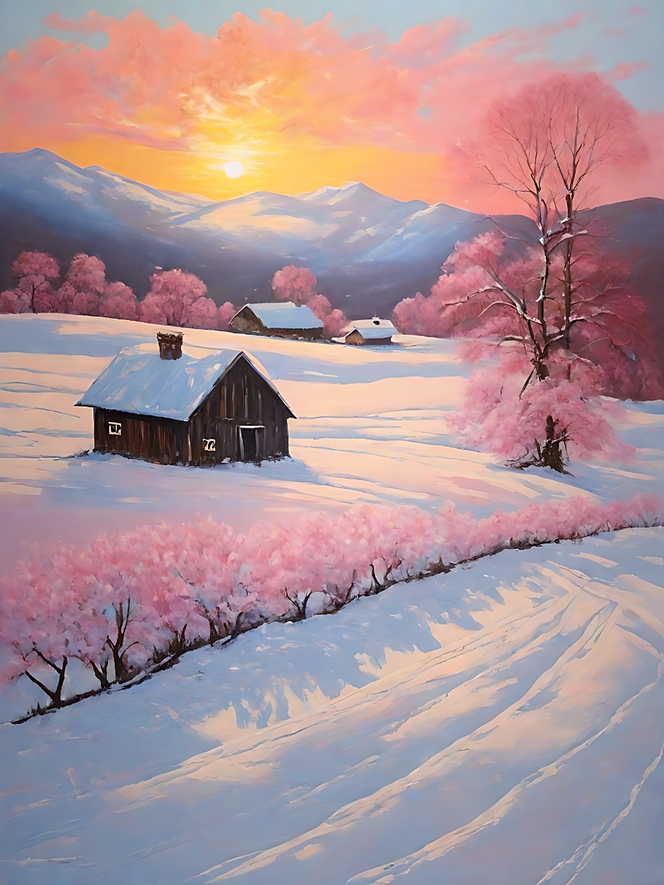 白雪覆盖的房屋和树木,宛如画中的风景.