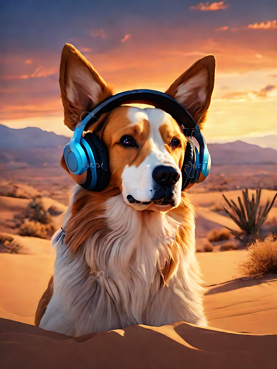 在夕阳下的沙漠,一只德国牧羊犬戴着耳机,沉浸在自己的世界里.