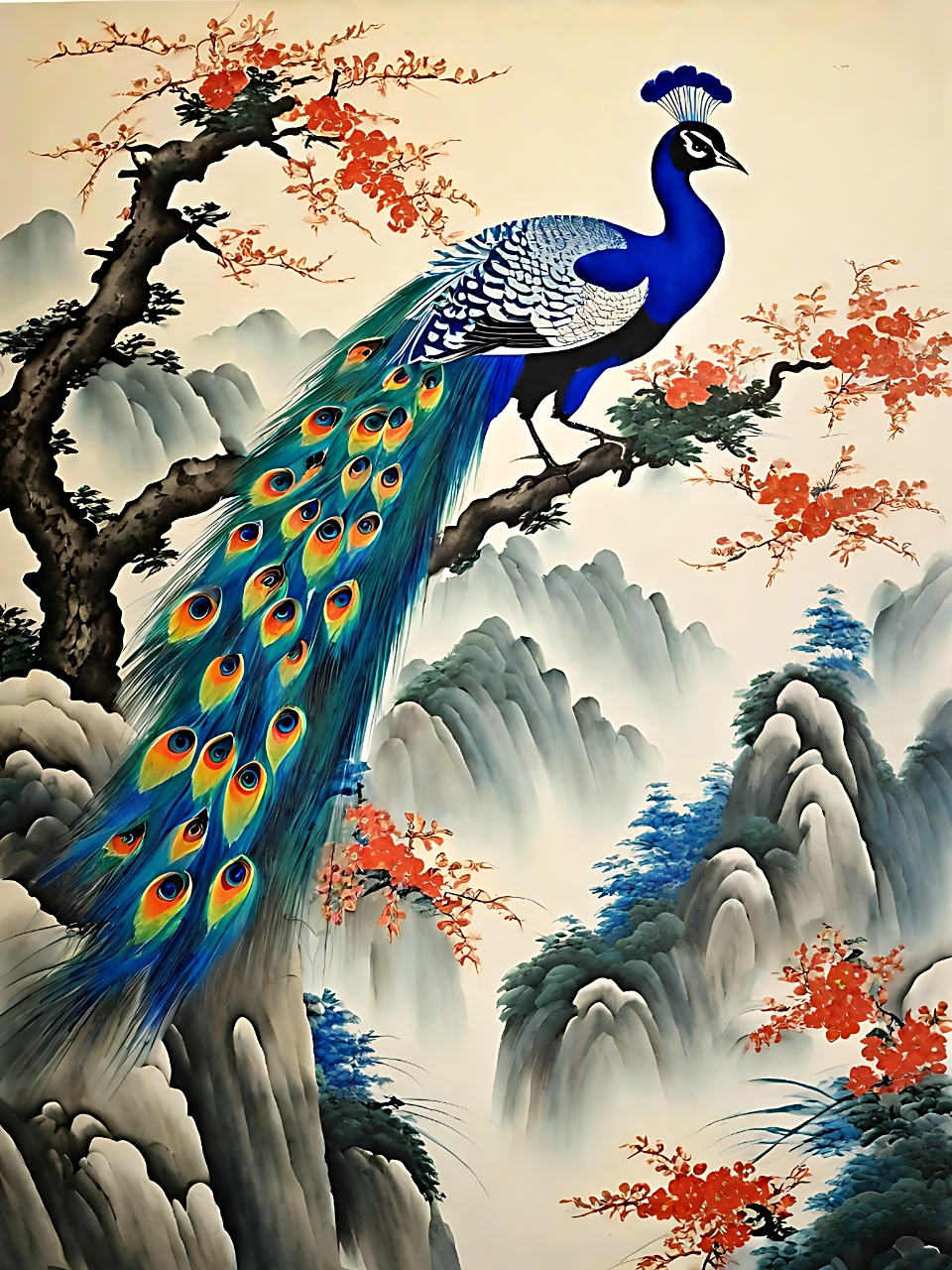 这只蓝孔雀,仿佛从古画中走出来,立于山上的松树之旁.