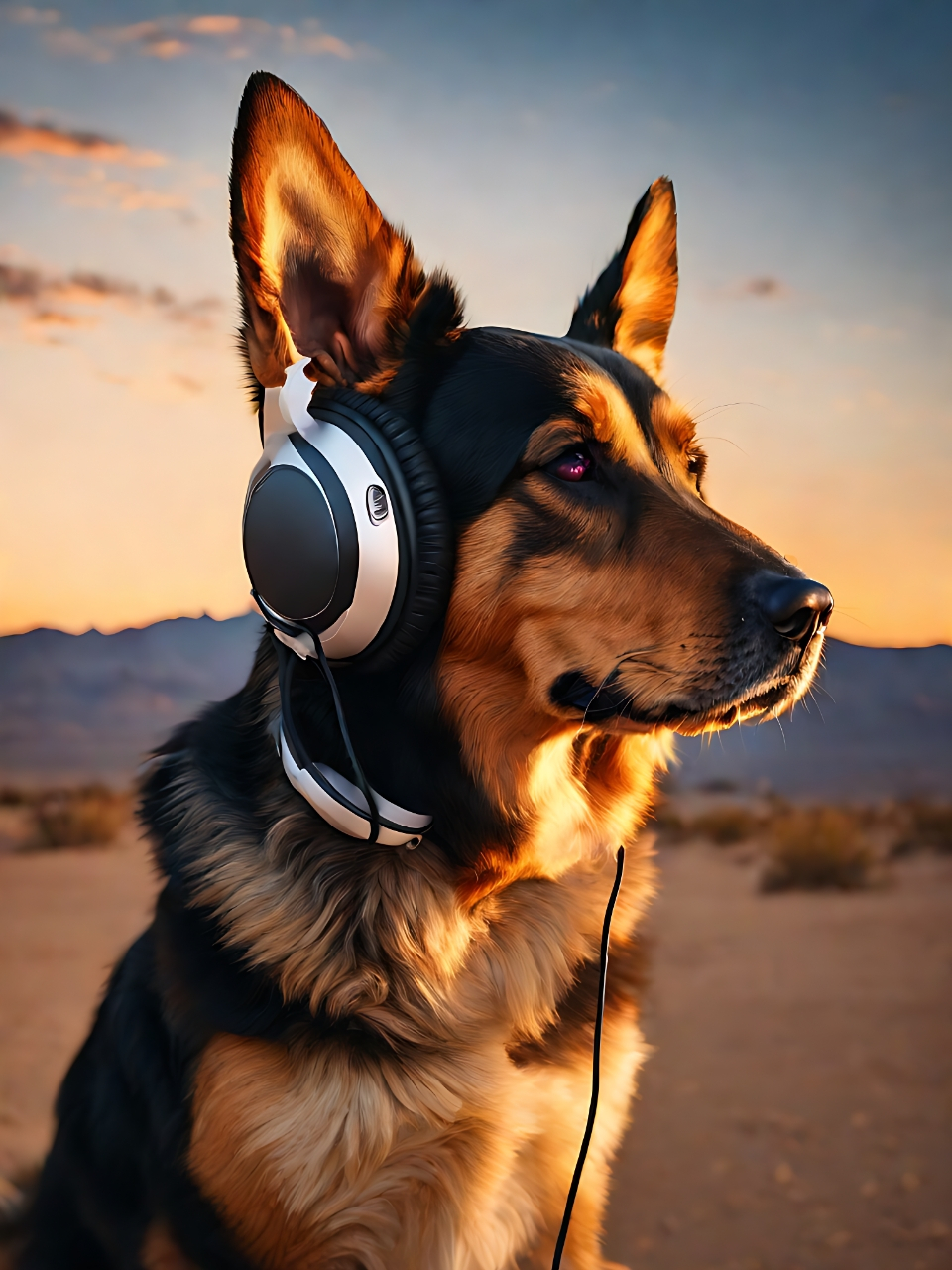 在夕阳下的沙漠,一只德国牧羊犬戴着耳机,沉浸在自己的世界里.