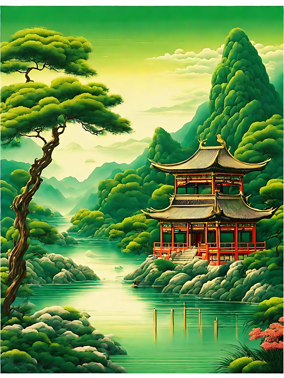 在这幅中国风的画中,山间风景如诗如画,飞鸟,瀑布,仙鹤等元素共同营造