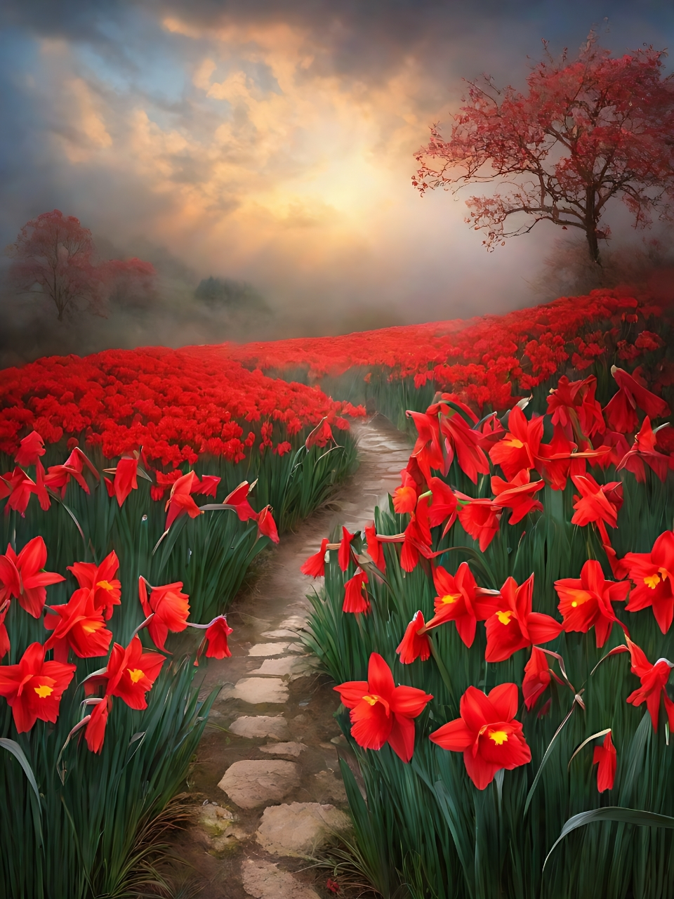 在这片美丽的红色水仙花海中,我仿佛看到了大自然最纯粹的美.