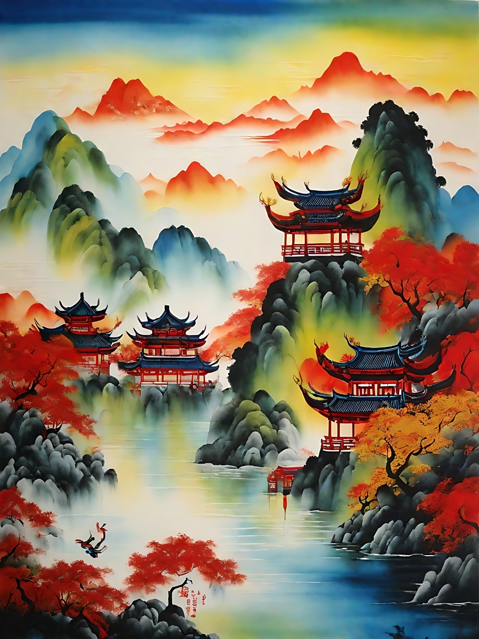 在这幅中国风的画中,山河景色如诗如画,令人陶醉.
