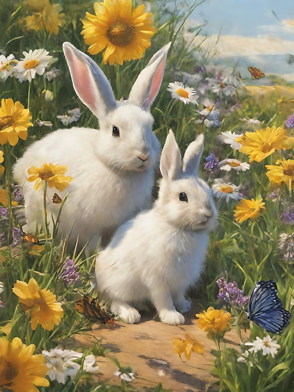 生活,就像这幅画一样,充满了平静与美好.愿你我都能像兔子和蝴蝶一