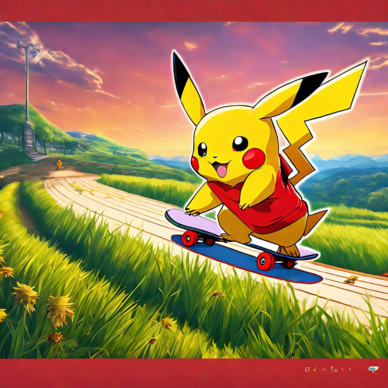 哇塞,这只皮卡丘太酷啦!它穿着红衬衫在滑板上滑来滑去的,好可爱哦!