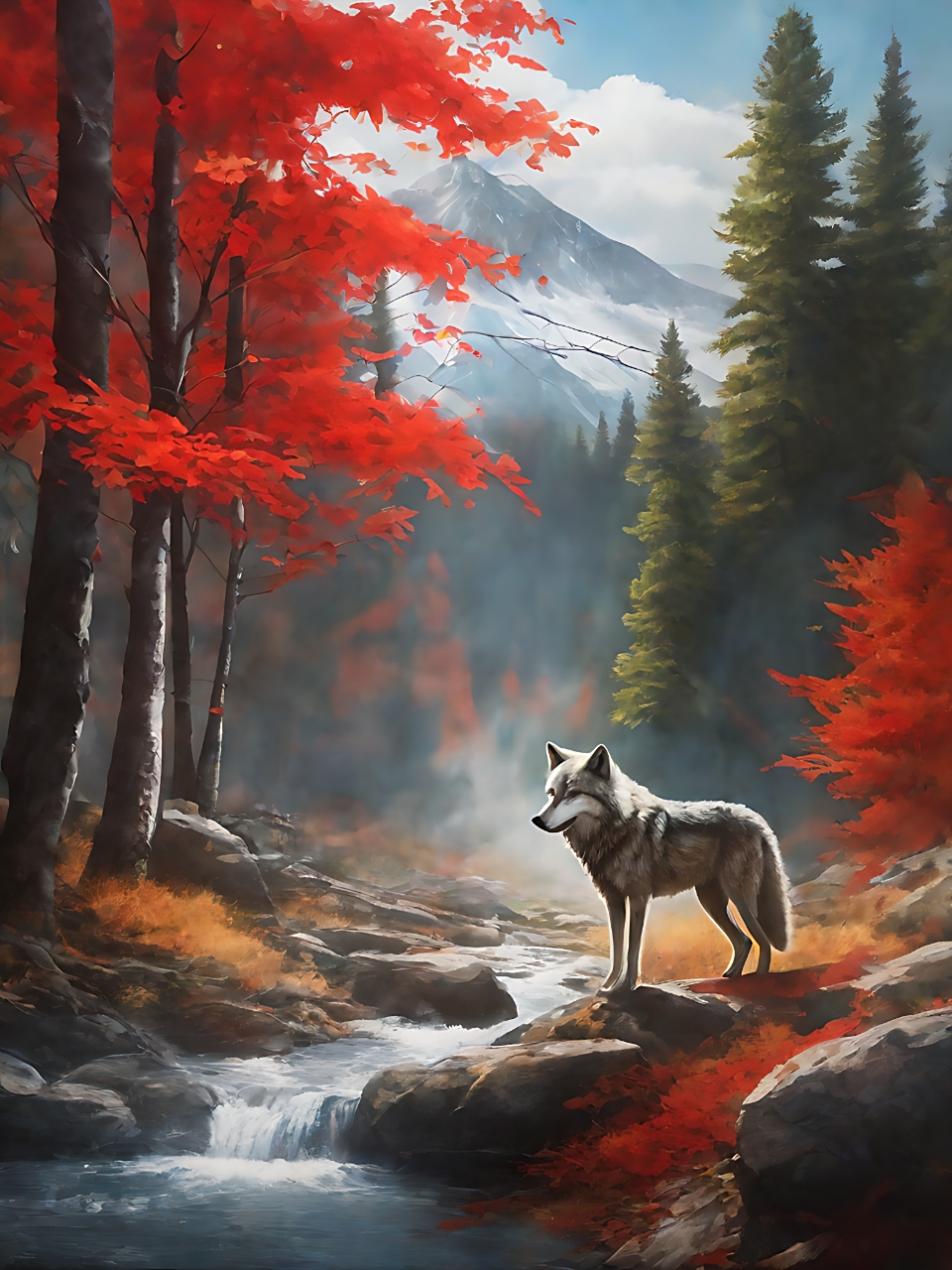 秋意浓,狼行于森林深处,瀑布声声入耳