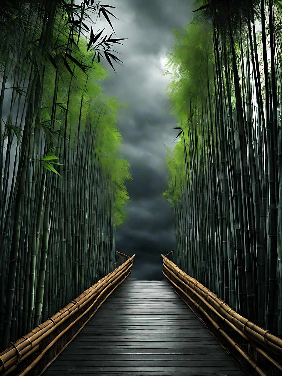 "在灰色的天空下,这片翠绿的竹林仿佛一道生命的风景线,为世界增添了