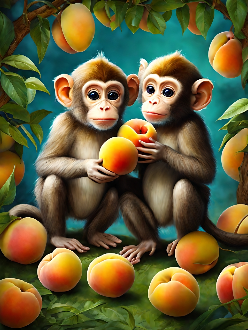 两只猴子坐在树上,手里拿着桃子🍑.它们一口咬下,满脸幸福🥰.