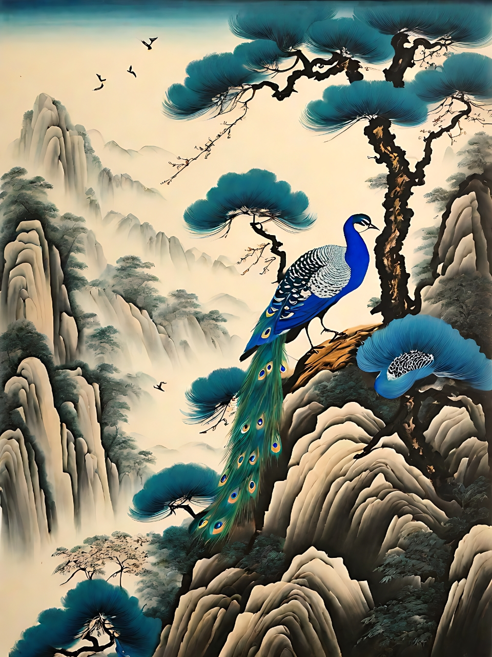 这只蓝孔雀,仿佛从古画中走出来,立于山上的松树之旁.