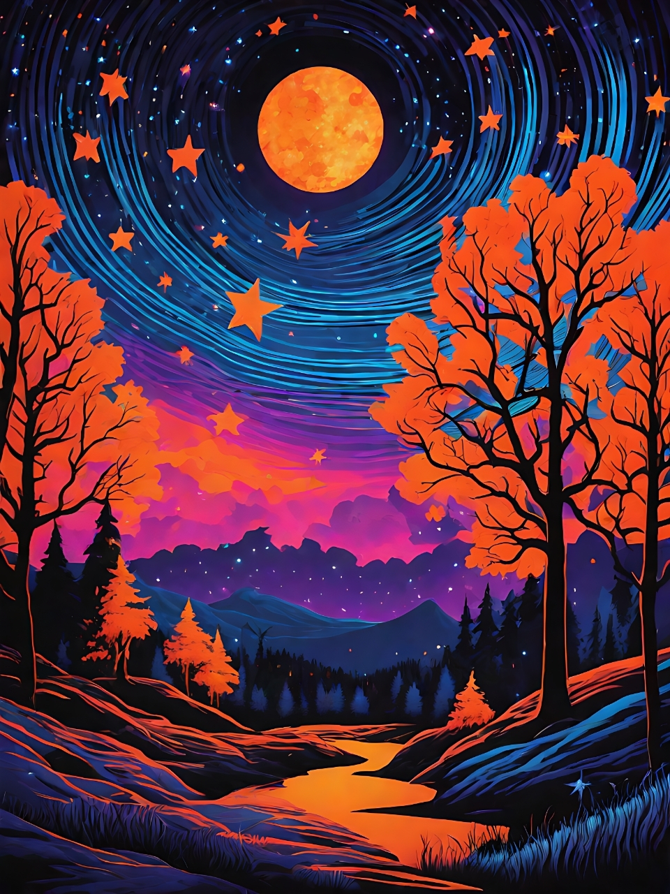 在静谧的夜晚,山林仿佛成了一幅流动的画卷.