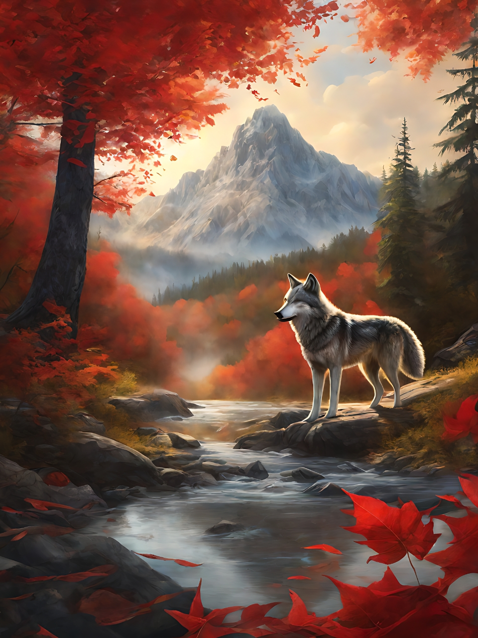 秋意浓,狼行于森林深处,瀑布声声入耳