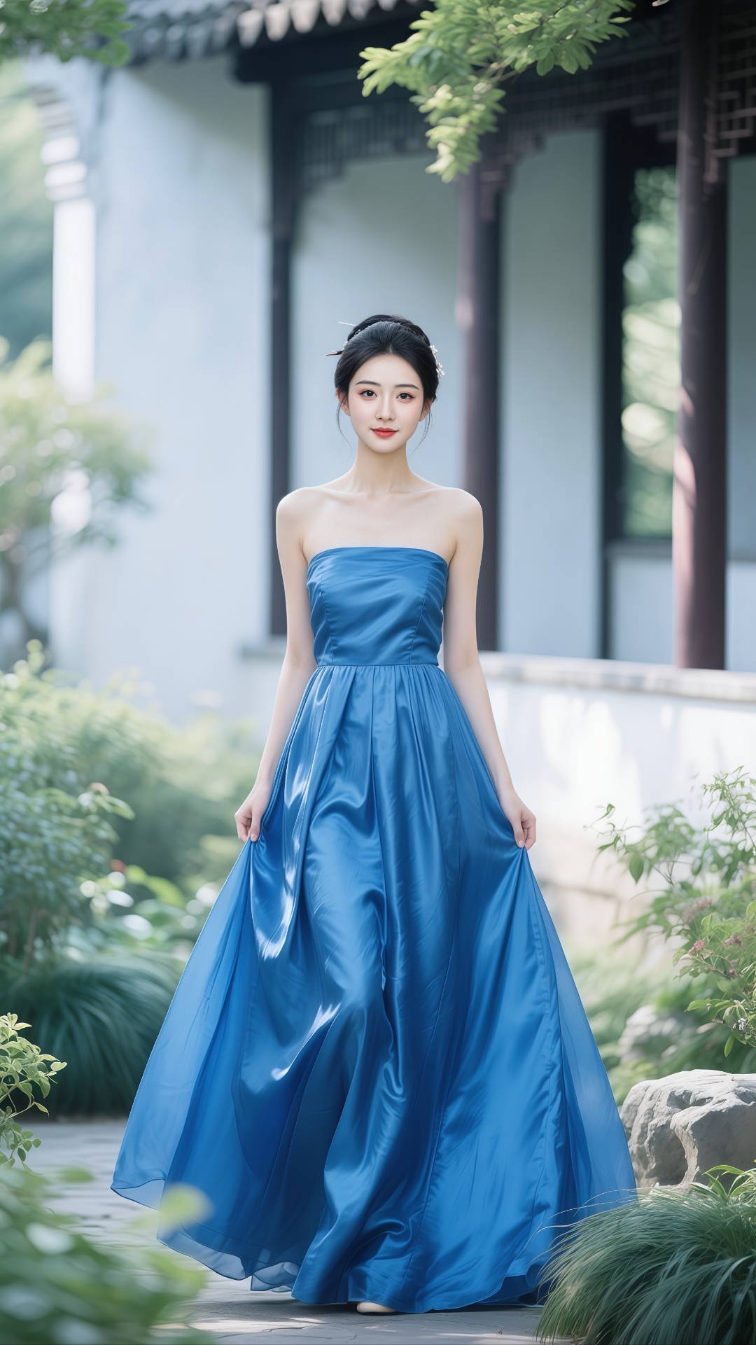国风与礼服的浪漫邂逅,蓝色抹胸裙在中式园林美出圈#国风# #体验传统
