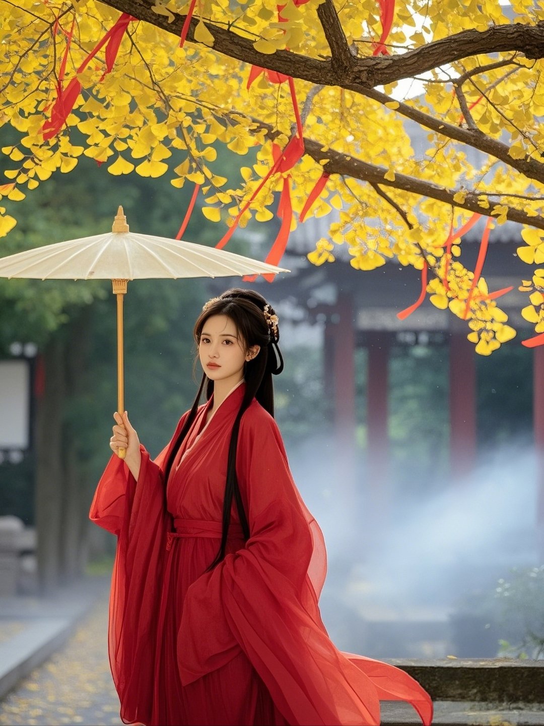 漫步古风街,红衣佳人撑伞行,如梦似幻