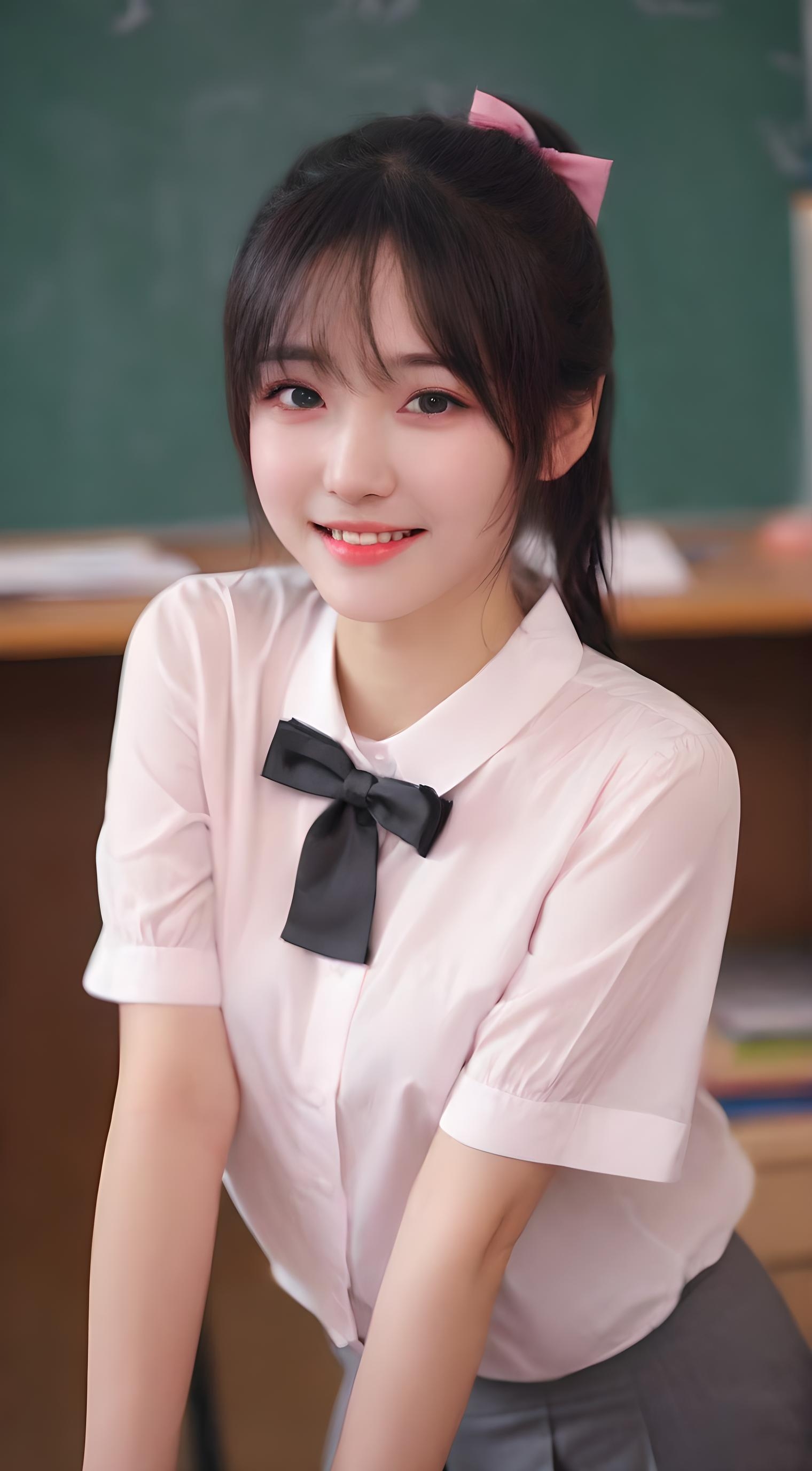 94她身着洁白衬衫,清纯如百合;粉色蝴蝶结轻绕颈间,更添了几分甜美