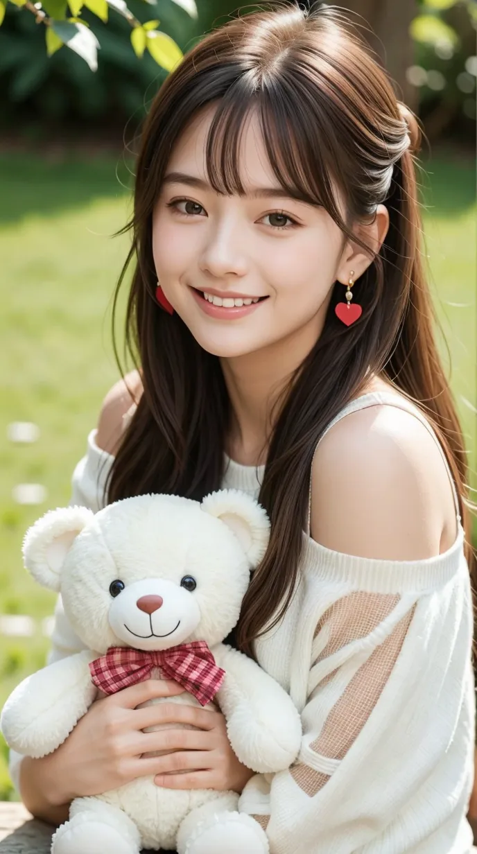 如阳光般灿烂的女孩,她身穿洁白的上衣,手中紧紧抱着一只可爱的小熊