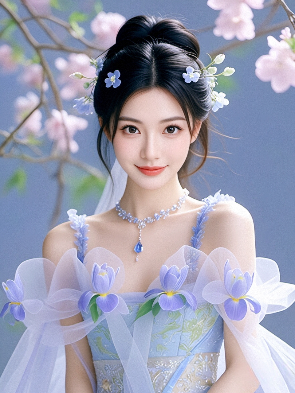 青丝绾髻簪花娇,蓝裳缀紫韵如潮. 纱袖轻飘风里舞,珠链闪耀颈间娆