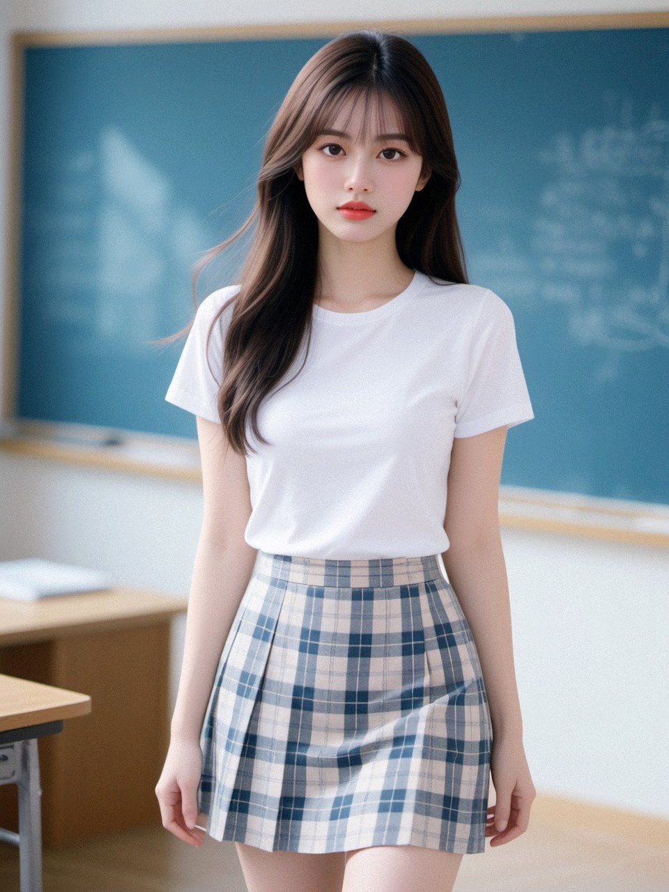在蓝板前,我捕捉到了这位年轻女生的自然美,她穿着校服,散发出青春的