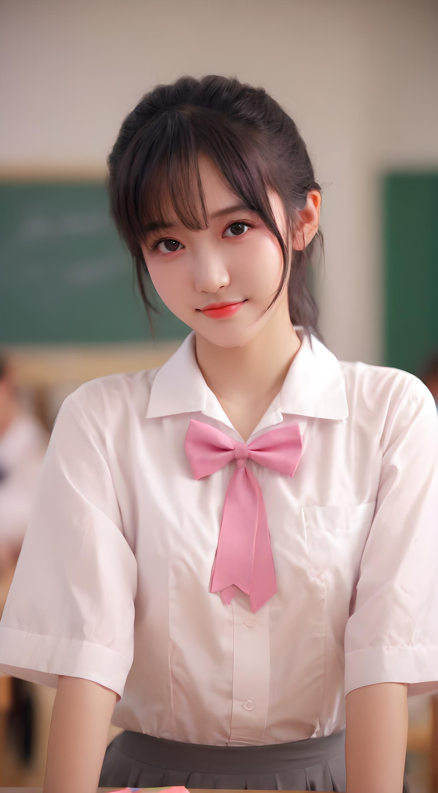 94她身着洁白衬衫,清纯如百合;粉色蝴蝶结轻绕颈间,更添了几分甜美