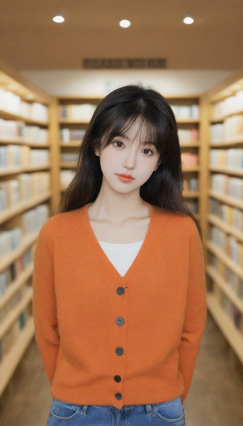 在书香弥漫的小角落,有一位橙色毛衣的女孩静坐