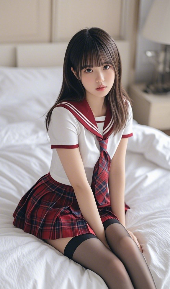 一位迷人的小姐姐坐在床上,穿着时髦的校服,真是太可爱了!